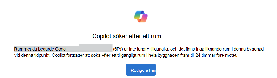 Exempel på Copilot som söker efter en rumsavisering med knappen Redigera händelse.