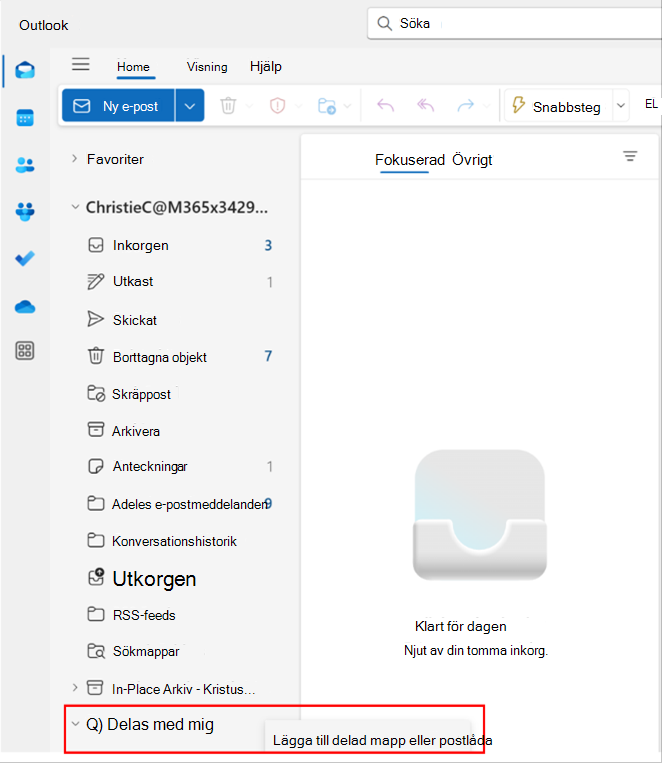 Skärmbild av popup-fönster i Outlook för att lägga till en delad mapp eller postlåda