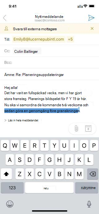 Visar ett utkast till e-postmeddelande med en avisering om externa mottagare.