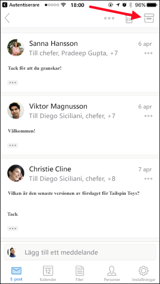 Du kan arkivera ett meddelande genom att trycka på knappen Arkivera