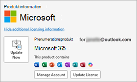 Skärmbild som visar produktinformation i klassiska Outlook