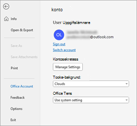 Skärmbild som visar användarinformation i office-kontoområdet i klassiska Outlook