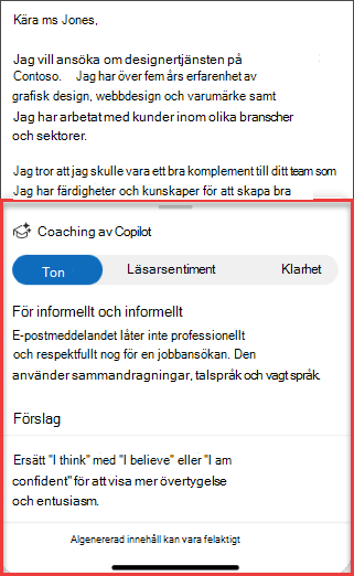 Copilots förslag på ton, klarhet och läsares sentiment i Outlook för mobilen
