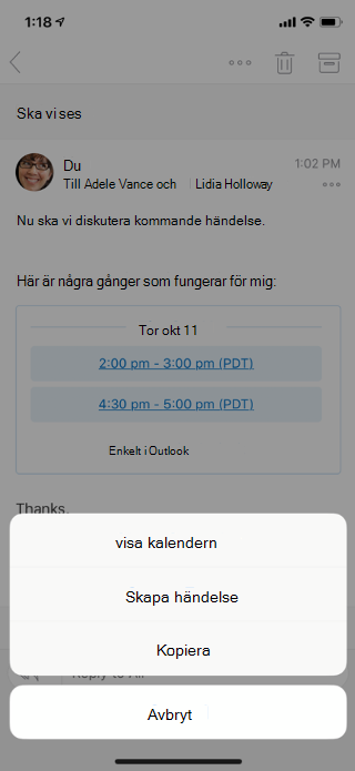 Visar ett e-postmeddelande på en mobilskärm. Det finns menyalternativ längst ned: Visa Calendar, Skapa händelse, Kopiera och Avbryt.