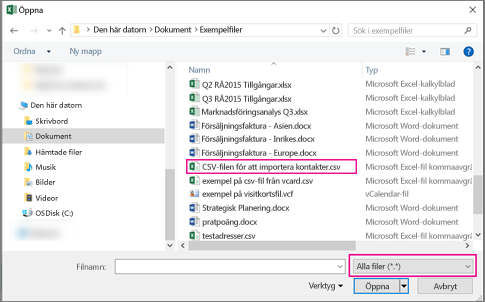 Om du vill söka efter CSV-filen bör du söka efter Alla filer.