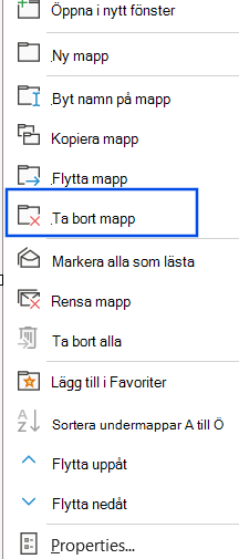 Skärmbild av alternativet Ta bort mapp markerat i navigeringsfönstret.