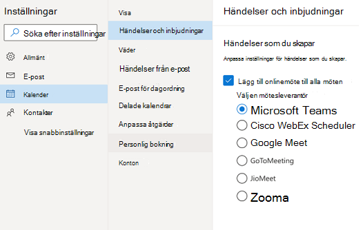 Outlook på webben – välj standardleverantör för onlinemöte