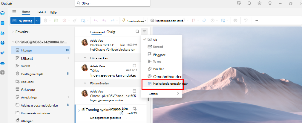 Skärmbild som visar att administratörsadministratörer kan använda e-postfiltret har kalender inbjudningar