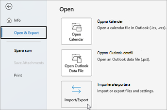 Välj Öppna och exportera och sedan Importera/exportera