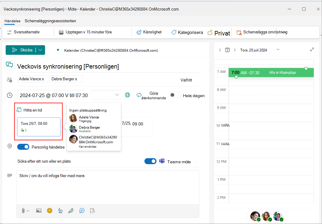 Skärmbild som visar växlingsknappen för personlig händelse i nya Outlook