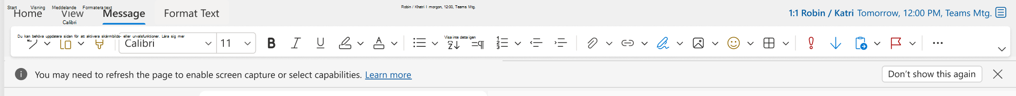 Informationsfältet för Outlook för webben när funktionen för skärmbild inte finns