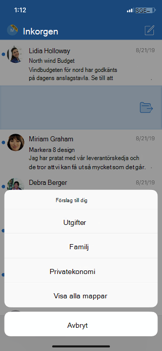 Visar en inkorg med en lista med mappalternativ och ett alternativ för att visa alla mappar.