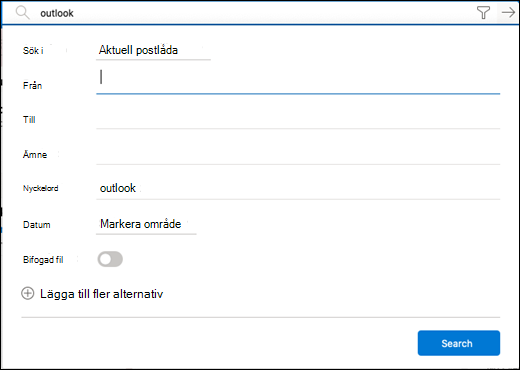 Filtermenyn för sökning.