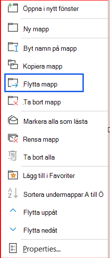 Skärmbild av alternativet Flytta mapp markerat i navigeringsfönstret.
