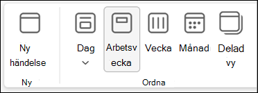 Skärmbild av menyfliksområdet i nya Outlook med val för att ändra kalendervyn