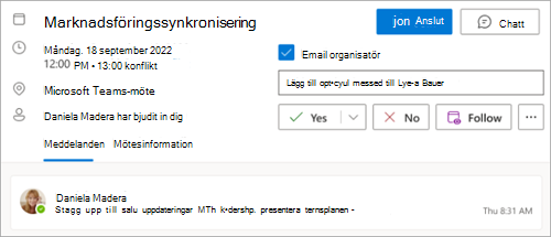 Skärmbild som visar alternativ för att följa ett möte