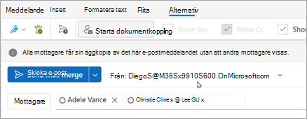 Starta Koppla dokument med mottagare. Varje mottagare får en egen kopia av e-postmeddelandet utan att andra mottagare visas.