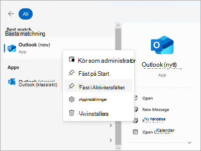 Skärmbild som visar Outlook på Start med Fäst i Aktivitetsfältet