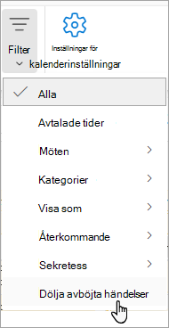 Skärmbild av Filter i Calendar som visar Dölj avböjta händelser i listrutan
