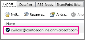 Ett konto i dialogen Kontoinställningar i Outlook 2013