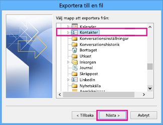 Exportguiden i Outlook – Välja kontakter