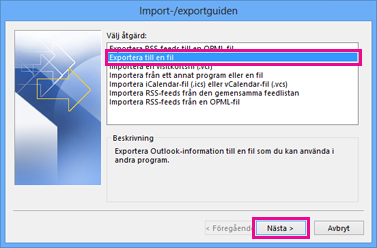 Exportguiden i Outlook – Exportera till en fil