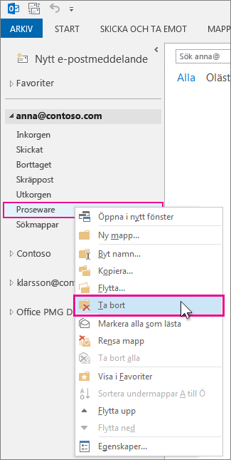 ta bort en mapp från mappfönstret
