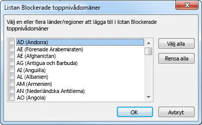Dialogrutan Listan Blockerade toppdomäner