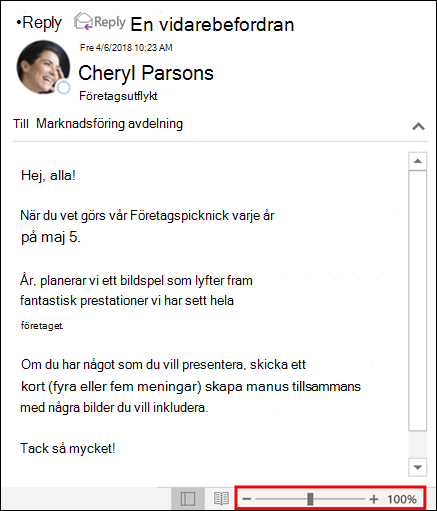 Du kan zooma in eller ut i läsfönstret.