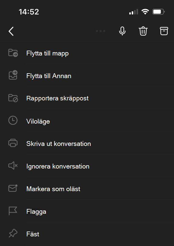 Ellipsmeny högst upp på skärmen för Outlook Mobile