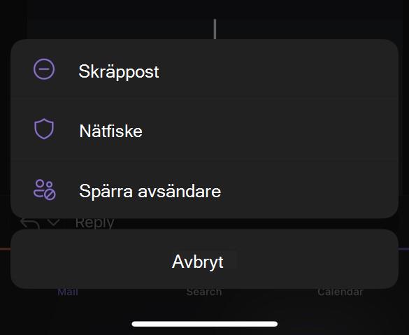 Undermenyn Skräppost för Outlook Mobile