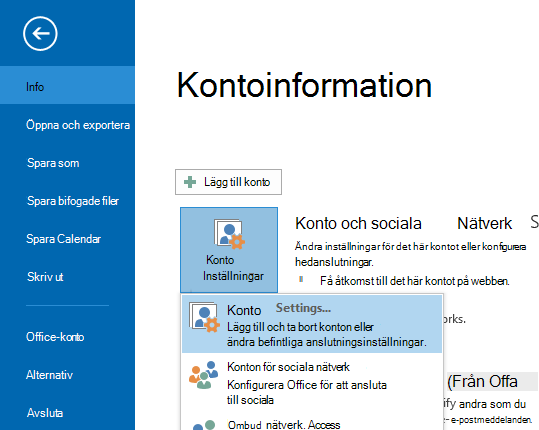 Alternativet Kontoinställningar finns i fönstret Kontoinformation.