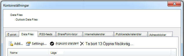 Fliken Datafiler visar alla dina konton.