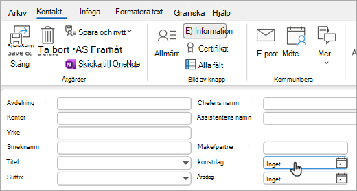 Skärmbild av detaljvyn på kontaktkortet för att lägga till en födelsedag eller årsdag