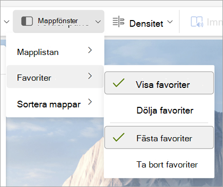 Skärmbild av listrutan Mappfönster med Visa favoriter och Fäst favoriter markerat