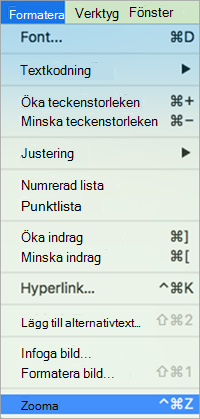 Visar val av zoom på Format-menyn