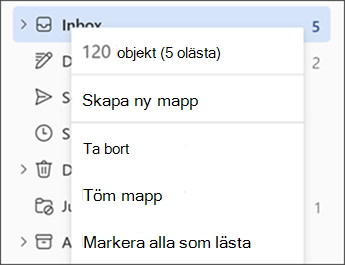 Skärmbild som visar menyn när du högerklickar på en mapp