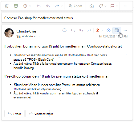 Appikonen i åtgärdsfältet i ett meddelande i Outlook på webben och i nya Outlook för Windows.