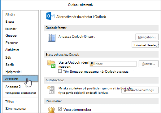 Outlook-alternativ med Avancerat markerat