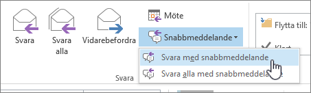 Listrutan Svara alla med snabbmeddelande öppen och Svara med snabbmeddelande markerat