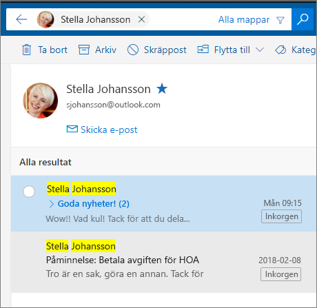 Söka efter en person för att se alla e-postmeddelanden