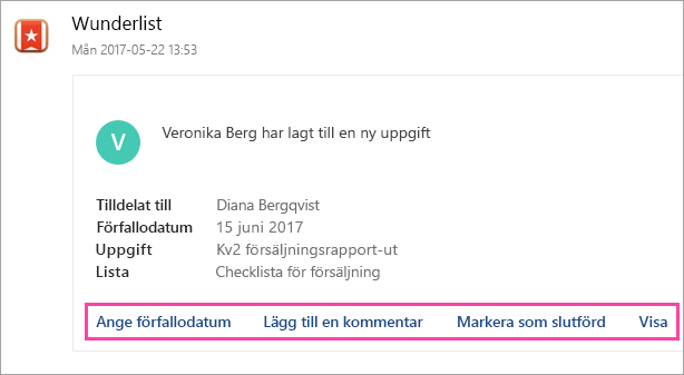 En skärmbild på händelseknapparna i ett kort från en ansluten tjänst