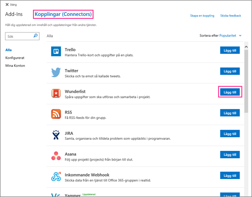 En skärmbild på tillgängliga anslutna tjänster i Outlook på webben