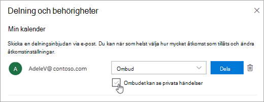 En skärmbild av kryssrutan Låt ombudet visa privata händelser