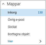 Skärmbild som visar standardmapparna för e-post under Favoriter.
