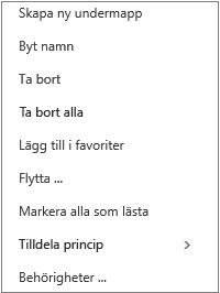 Snabbmeny som visas när du högerklickar på en personlig mapp