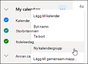 Skärmbild som visar knappen Ny kalendergrupp