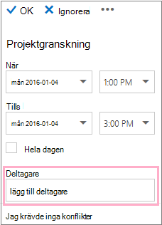 Informationsfönstret som visar rutan Deltagare som används med Schemaläggningsassistenten