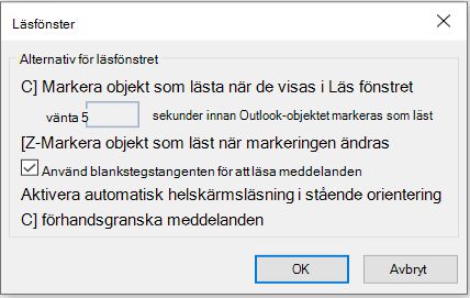 Alternativ för läsfönstret