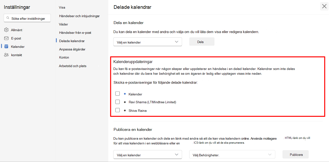 Skärmbild som visar användare att välja kalenderaviseringar